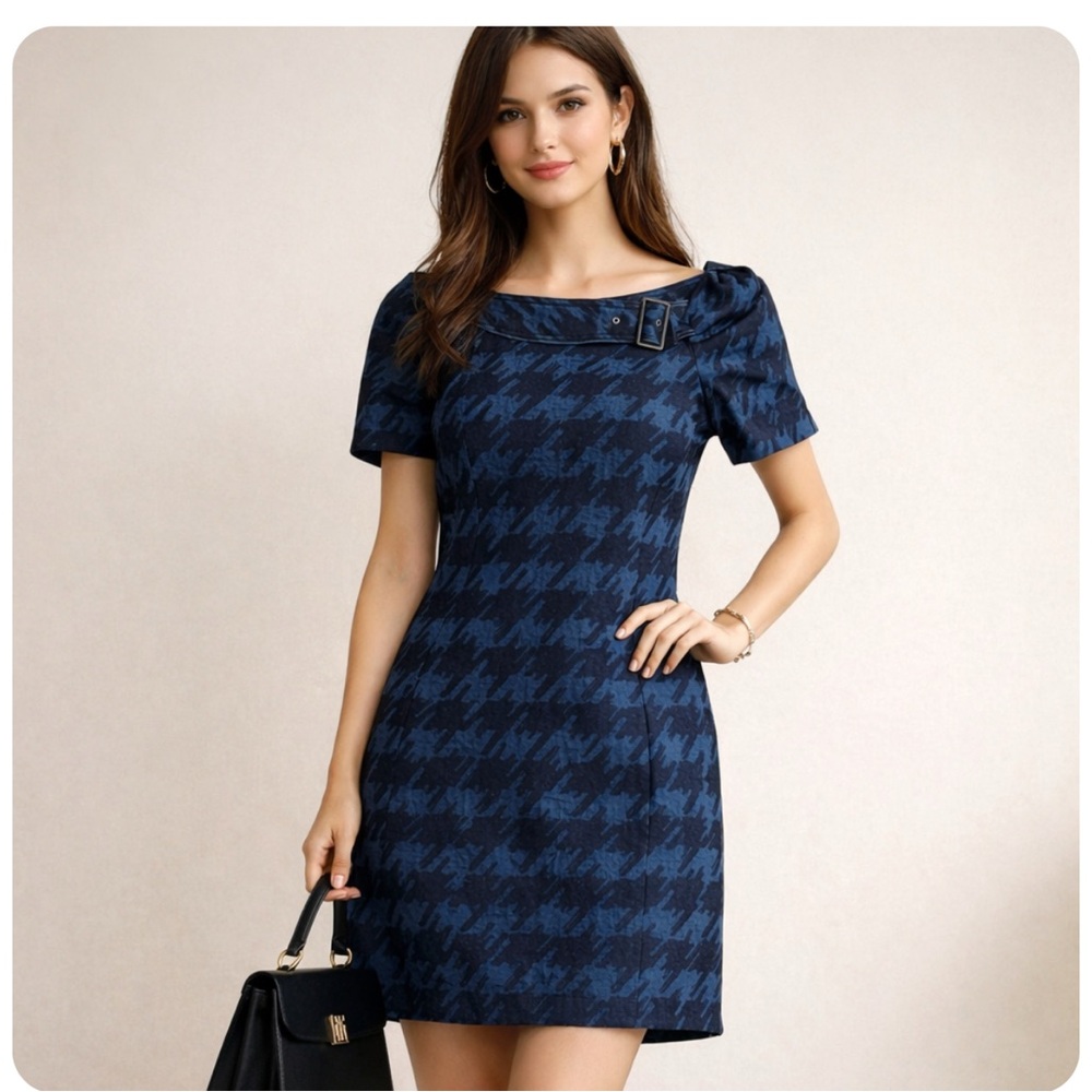 Marc Jacobs Blue Black Houndstooth Shift Dress Puff Sleeve Buckle Detail $427